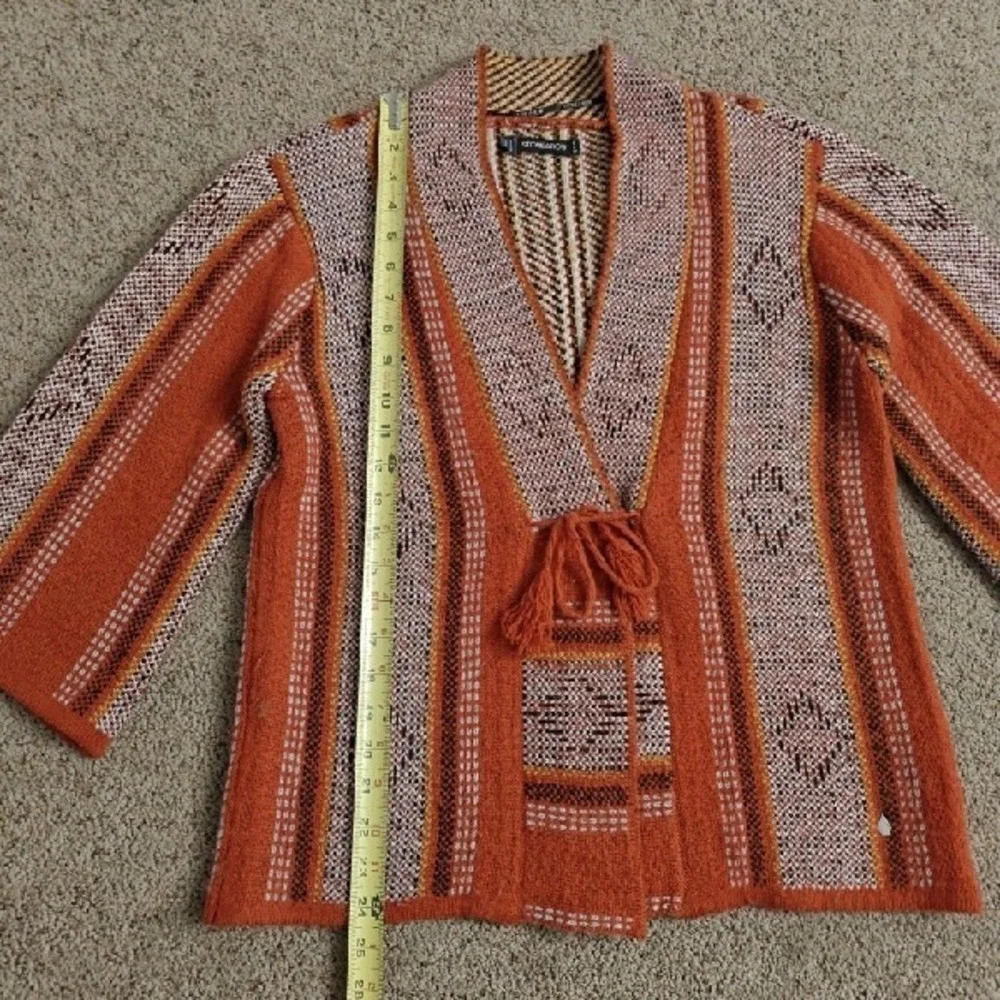 STONE ROW Womens Orange Geometric Pattern Kimono‎ Cardigan Tassel Tie Size S